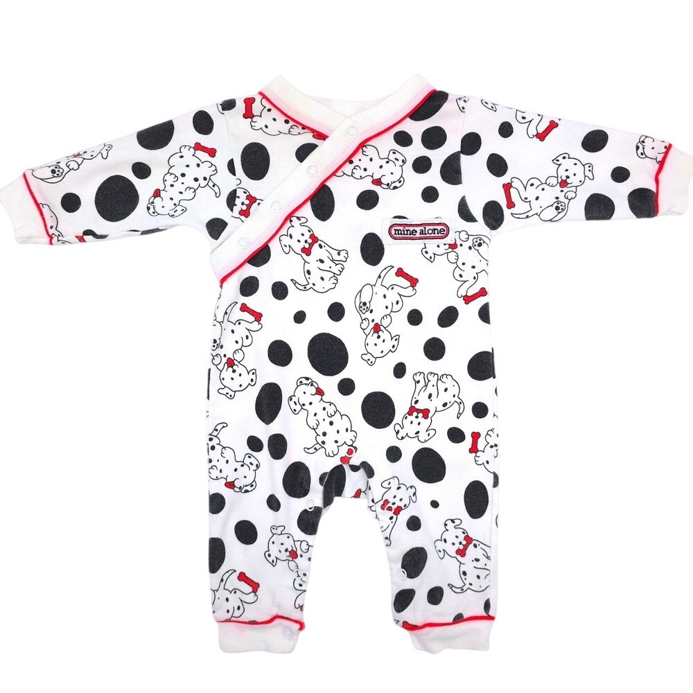 Vintage Mine Alone Dalmatian Romper Kids White Black Polka Dot Snap 6M